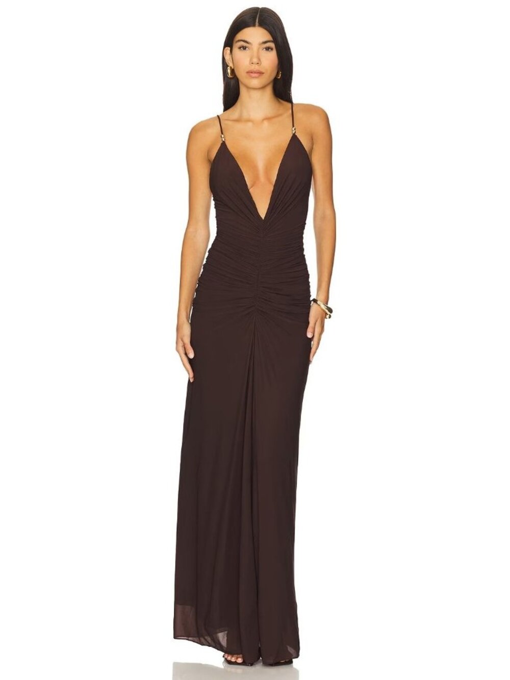 Ronny Kobo Anya V-Neck Column Jersey Maxi Dress in Chocolate Brown XSmall Womens